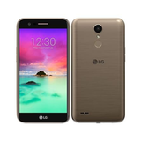 Front and back view of a certified refurbished LG K10 2017 M250 16GB 5.3" Dual SIM Unlocked Smartphone in gold by LG. The display shows a beach wallpaper and Oct 30 date; the back has a camera, fingerprint sensor, and LG logo.