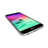 A Certified Refurbished LG K10 2017 M250 16GB 5.3" Dual SIM Unlocked Smartphone by LG with a silver frame and vibrant display, shown from a low angle on a white background—an affordable mobile choice.