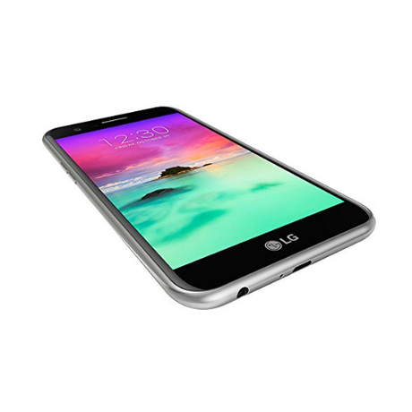 A Certified Refurbished LG K10 2017 M250 16GB 5.3" Dual SIM Unlocked Smartphone by LG with a silver frame and vibrant display, shown from a low angle on a white background—an affordable mobile choice.