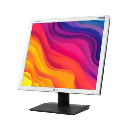 A certified refurbished LG L1919S 19 1280x1024 LCD monitor (no stand) with a white frame displays a vibrant abstract wavy pattern in red, pink, orange, and purple tones. Brand: LG.