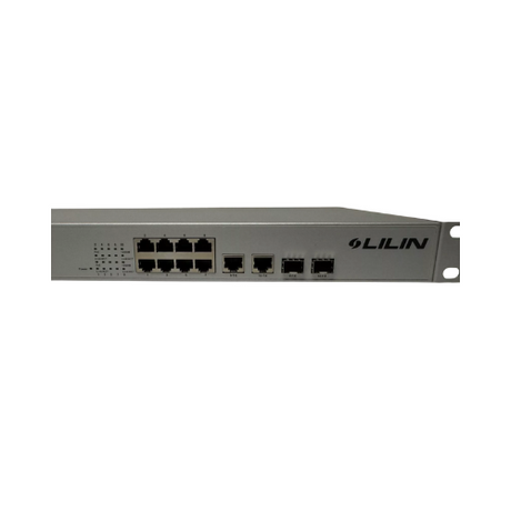 A certified refurbished Cisco LILIN PMH-POE08260WAT 8 Port PoE+ Fast Ethernet Switch (260W, rack-mountable), with four extra ports and indicator lights, shown on a white background—perfect for network upgrades.
