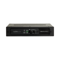 Certified refurbished Lab.gruppen LUCIA 60/1-70 mono amplifier, 60W 70V DSP, features front ventilation slots, control knobs, and indicator lights. Compact rectangular black design with "LABGRUPPEN" branding. Includes warranty.