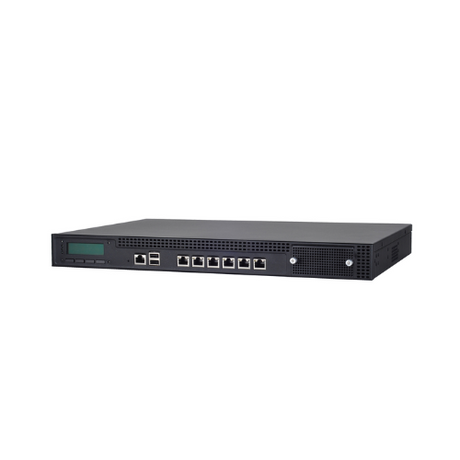 The Lanner FW-7573ASF801 1U Network Security Appliance (certified refurbished) features multiple Ethernet and USB ports, a small LCD display, and control buttons on the front panel, shown against a white background.