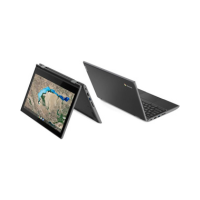 Two Lenovo 300e G2 Chromebooks are shown: one open in traditional mode, the other in tent mode displaying a map. Both feature sleek black designs with 11.6" touchscreens.