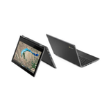 Two Lenovo 300e G2 Chromebooks are shown: one open in traditional mode, the other in tent mode displaying a map. Both feature sleek black designs with 11.6" touchscreens.