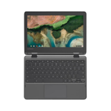 A Lenovo 300e G2 Chromebook N4000 is seen from above with its screen open to a colorful abstract wallpaper, showcasing the black keyboard.