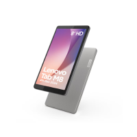 The Lenovo Tab M8 (4th Gen) TB-300FU tablet is shown with its 8" HD display, 3GB RAM, 32GB storage, and textured gray back. The screen highlights the device name and specs, including a MediaTek Helio A22 chip.