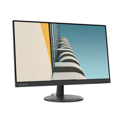 A certified refurbished Lenovo D24-20 23.8" Full HD VA monitor with thin black bezel and round stand displays a photo of a modern building with geometric shapes against a blue sky. Features HDMI, VGA, and 4ms response time.