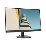 A certified refurbished Lenovo D24-20 23.8" Full HD VA monitor with thin black bezel and round stand displays a photo of a modern building with geometric shapes against a blue sky. Features HDMI, VGA, and 4ms response time.
