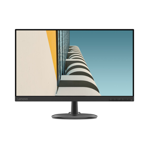 A certified refurbished Lenovo D24-20 23.8" VA 1920x1080 monitor showcases a modern architectural scene with curved white and yellow structures set against a clear blue sky.