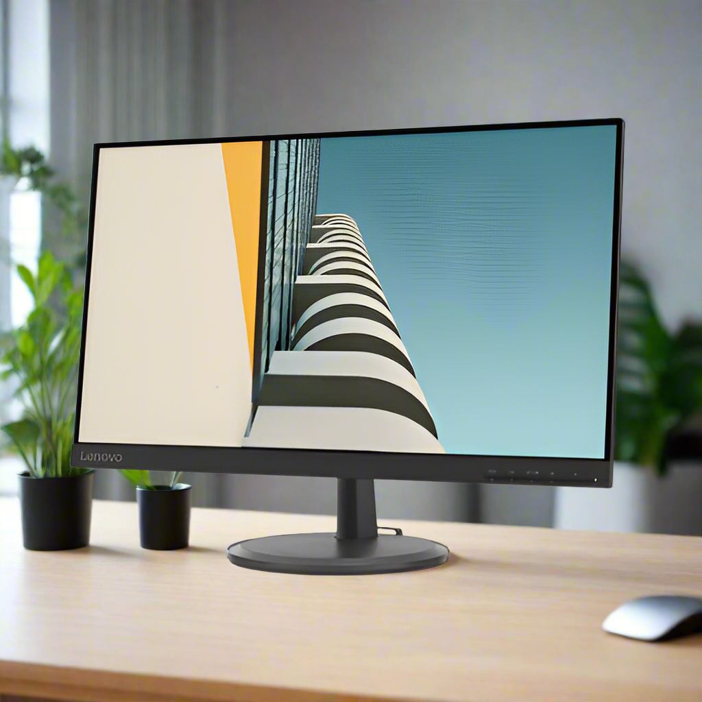 A certified refurbished Lenovo D24-20 23.8" VA monitor (1920x1080, 4ms, HDMI/VGA) sits on a wooden desk, displaying an abstract architectural image; nearby are two small potted plants and a mouse against a blurred background.