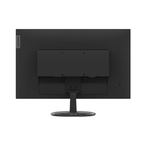 Rear view of a certified refurbished Lenovo D24-20 23.8" VA monitor, showing its ports, mounting area, circular stand, and the Lenovo logo on the left side.