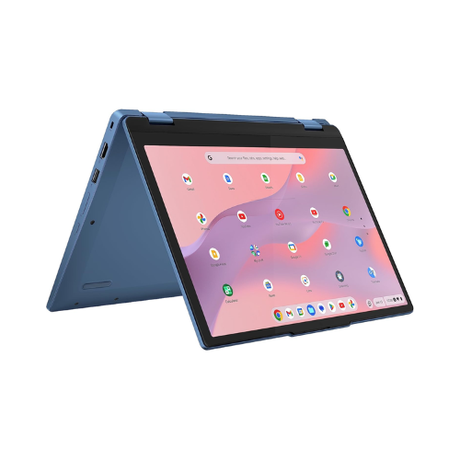 A Lenovo IdeaPad Flex 3 CB-11IGL0 Chromebook (11.6", N4020, 4GB RAM, 64GB) is shown in tent mode, displaying the Chrome OS interface with app icons on its screen, set against a white background.