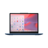 A refurbished Lenovo IdeaPad Flex 3 CB-11IGL0 Chromebook with a blue base displays the ChromeOS home screen and app menu on its 11.6" screen, showing various app icons against a pink and purple gradient background.