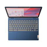 A blue Lenovo IdeaPad Flex 3 CB-11IGL0 Chromebook (11.6", N4020, 4GB RAM, 64GB, Chrome OS) is open, showing a light-themed interface with app icons; the keyboard and centered touchpad are visible.