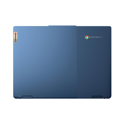 A closed blue Lenovo IdeaPad Flex 3 CB-11IGL0 Chromebook (11.6", N4020, 4GB RAM, 64GB, Chrome OS) is viewed from above with the Lenovo logo on the top left and the Chromebook logo on the top right.
