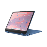 A Lenovo IdeaPad Flex 3 CB-11IGL0 Chromebook (11.6", 4GB/64GB, Chrome OS) in tent mode shows the Chrome OS home screen with app icons on a colorful background; multiple ports are visible along its side.