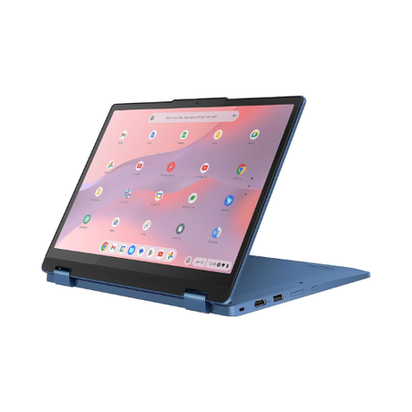 A Lenovo IdeaPad Flex 3 CB-11IGL0 Chromebook (11.6", 4GB/64GB, Chrome OS) in tent mode shows the Chrome OS home screen with app icons on a colorful background; multiple ports are visible along its side.