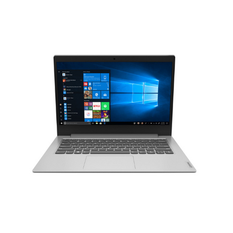A silver Lenovo IdeaPad Slim 1-14AST-05, featuring a black keyboard, is open and viewed from the front on a white background. This affordable 14 laptop (4GB/64GB) by Lenovo does not include an operating system.