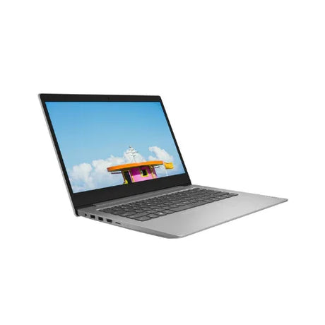 A silver Lenovo IdeaPad Slim 1-14AST-05 A4-9120E laptop with a black keyboard is open on a white background, displaying a colorful building under a blue sky with white clouds.