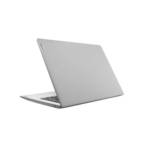 A silver Lenovo IdeaPad Slim 1-14AST-05 A4-9120E refurbished laptop is partially open, viewed from the back left side, displaying the lid and part of the keyboard against a white background.
