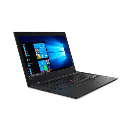 A black Lenovo ThinkPad L380 i5 8350U 13.3 laptop is open on a white background, showing Windows 11 Pro and its keyboard, trackpad, and side ports. This refurbished Lenovo laptop offers a sleek, portable workstation.