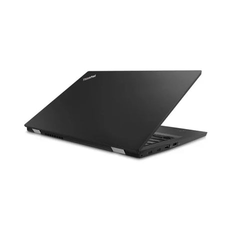 The refurbished Lenovo ThinkPad L380 (i5 8350U, 8GB RAM, 256GB SSD, 13.3, W11P) is partially open on a white background, showing its ports and ThinkPad logo—ideal as a portable workstation.