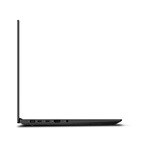 A slim, black Lenovo ThinkPad P1 G3 W-10855M 15.6" UHD Touch Mobile Workstation is shown left side-on with the lid open at 90°, revealing USB, HDMI, and audio ports against a white background.