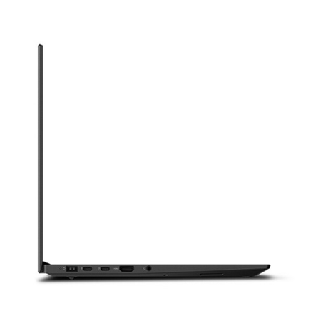 A slim, black Lenovo ThinkPad P1 G3 W-10855M 15.6" UHD Touch Mobile Workstation is shown left side-on with the lid open at 90°, revealing USB, HDMI, and audio ports against a white background.