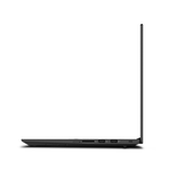 Side view of a refurbished Lenovo ThinkPad P1 G3 W-10855M 15.6" UHD Touch laptop, thin and black, partially open at 90 degrees with USB ports visible on the left edge, shown against a white background.