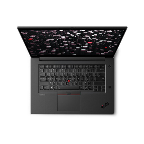 Top view of a refurbished Lenovo ThinkPad P1 G3 W-10855M, 15.6" UHD Touch screen open to a dark abstract background; visible keyboard and signature red TrackPoint. 32GB RAM, 512GB SSD, T2000, Windows 11 Pro.