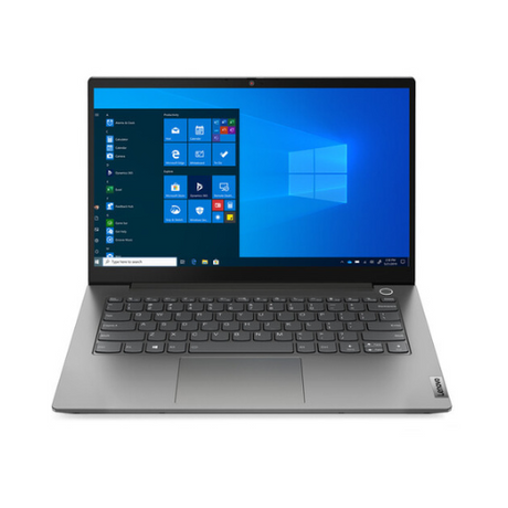 A silver Lenovo ThinkBook 14 G2 with a black keyboard is open, showing the Windows desktop and Start menu, powered by an Intel Core i5-1135G7 processor, 8GB RAM, and 256GB SSD.