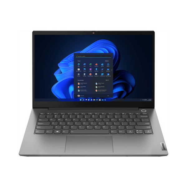 A gray Lenovo ThinkBook 14 G4 i5 1235U laptop with a black keyboard is open on a white background, displaying Windows 11 Pro on its 14