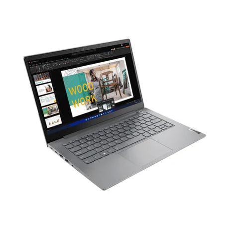 A gray Lenovo ThinkBook 14 G4 i5 laptop is open on a white background, showing a woodworking PowerPoint. Its keyboard and touchpad enhance productivity, with multiple ports visible along the side.