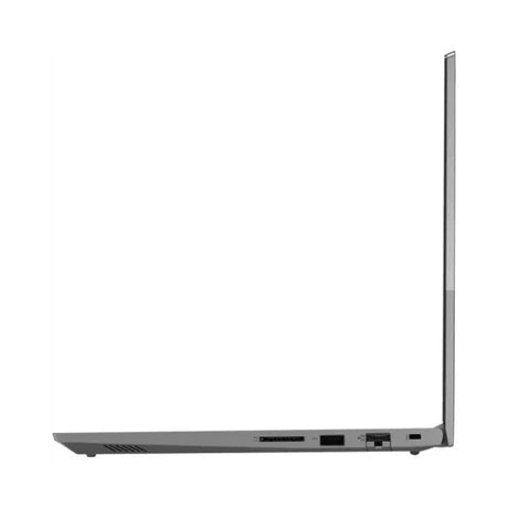 A side profile of the Lenovo ThinkBook 14 G4 i5 1235U showcases its slim, silver design. This productivity laptop's right side features USB, HDMI, and SD card ports. The 14" screen is upright; the keyboard remains out of view.