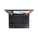 A top-down view of a certified refurbished Lenovo ThinkPad 13 G2 shows its screen partially open with multiple apps, black keyboard, red trackpoint, and Intel Core i7 label visible. Specs: i7-7500U, 16GB RAM, 256GB SSD, Windows 10 Home, 13.3" display.