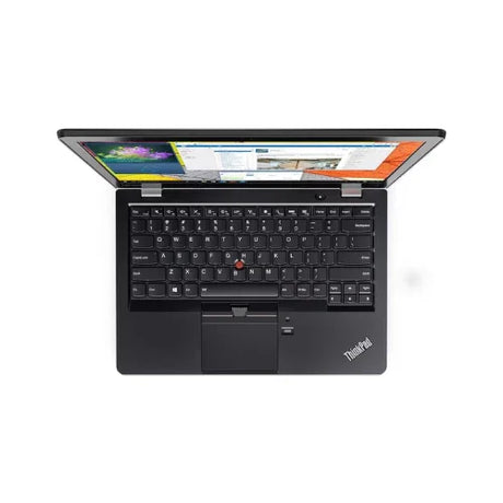 A top-down view of a certified refurbished Lenovo ThinkPad 13 G2 shows its screen partially open with multiple apps, black keyboard, red trackpoint, and Intel Core i7 label visible. Specs: i7-7500U, 16GB RAM, 256GB SSD, Windows 10 Home, 13.3" display.