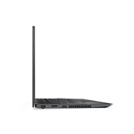 A slim black certified refurbished Lenovo ThinkPad 13 G2 i7 laptop is shown open from the left side, revealing various ports, a vent, and part of the keyboard against a plain white background.