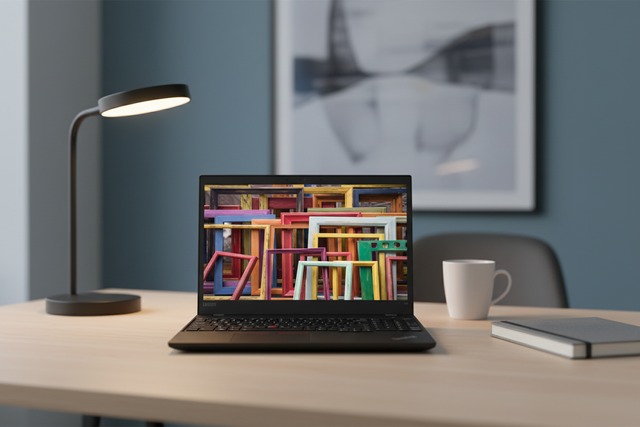 A black Lenovo ThinkPad T15 G1 business laptop with 16GB RAM and a 15.6" display shows colorful empty picture frames on its screen.