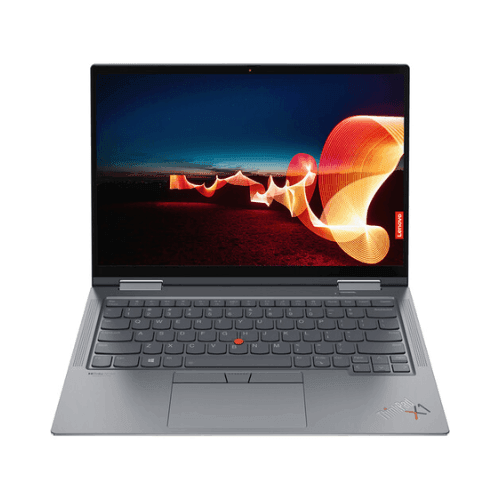 A silver Lenovo ThinkPad X1 Yoga G6 14 2-in-1 convertible laptop (i5-1135G7, 16GB RAM, 256GB SSD, Windows 11 Pro) with a black keyboard and red TrackPoint is shown with an abstract orange-yellow wave on the display.
