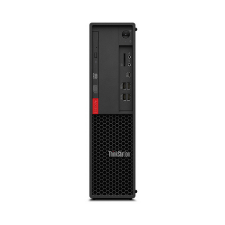 Front view of the Lenovo ThinkStation P330 SFF i7-9700, 16GB RAM, 512GB SSD, P1000 workstation showing USB ports, audio jacks, power button, optical drive, ventilation grill, and the ThinkStation logo.