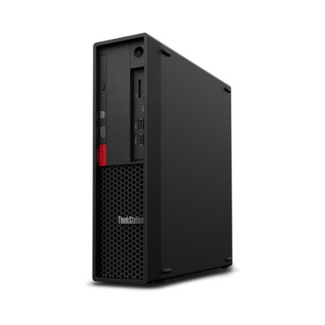 A refurbished Lenovo ThinkStation P330 SFF desktop with Intel i7-9700, 16GB RAM, 512GB SSD, NVIDIA P1000, and Windows 11 Pro—ideal for professionals. Black tower with front USB ports and ventilation grille.