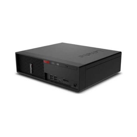 The Lenovo ThinkStation P330 SFF features an Intel i7-9700, 16GB RAM, 512GB SSD, NVIDIA P1000, and Windows 11 Pro in a compact black design with front USB ports and side ventilation—ideal for professional use. The Lenovo logo appears on the case.