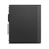 A Lenovo ThinkStation P330 SFF desktop with i7-9700, 16GB RAM, 512GB SSD, and P1000 graphics is shown in black with the Lenovo logo on the side—a stylish, compact workstation ideal for modern offices.