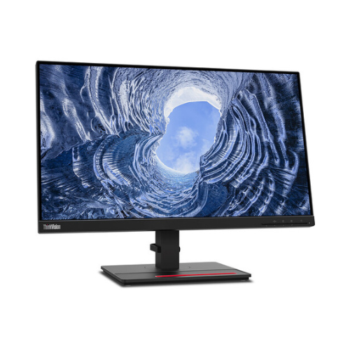 A refurbished Lenovo ThinkVision t24i-20 IPS 23.8 1920x1200 monitor by Lenovo displays an image of an icy tunnel lit from above, shown without a stand against a white background.