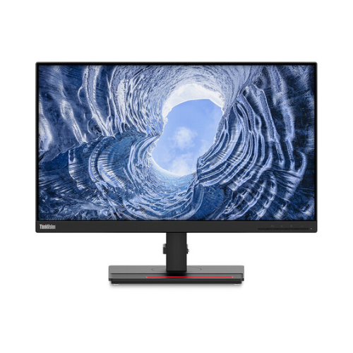 A refurbished Lenovo ThinkVision t24i-20 IPS 23.8 monitor (1920x1200) displays a circular icy tunnel beneath blue sky. The thin-bezel screen is shown without a stand, highlighting VGA, DP, HDMI, and USB connectivity.