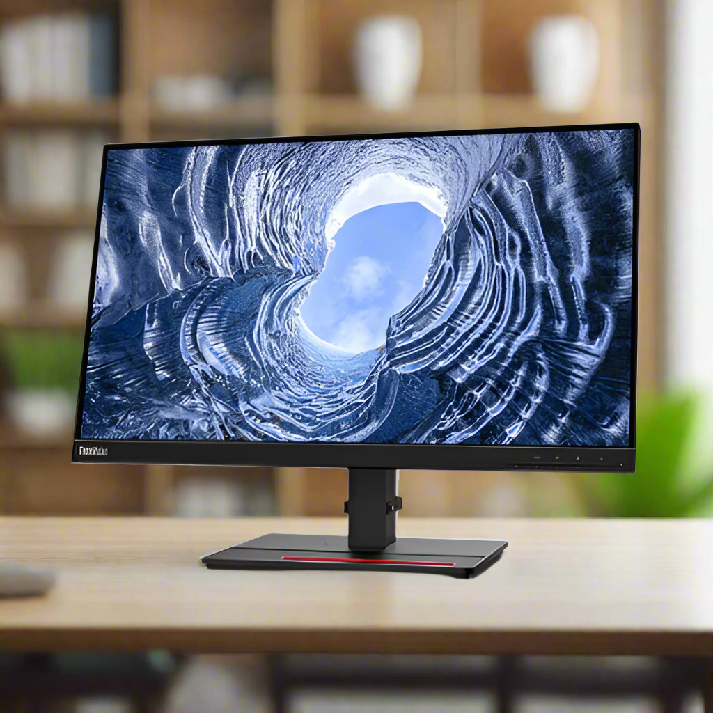 A refurbished Lenovo ThinkVision t24i-20 IPS 23.8 monitor shows a circular ice cave opening to the sky, placed on a desk with blurred shelves in the background.
