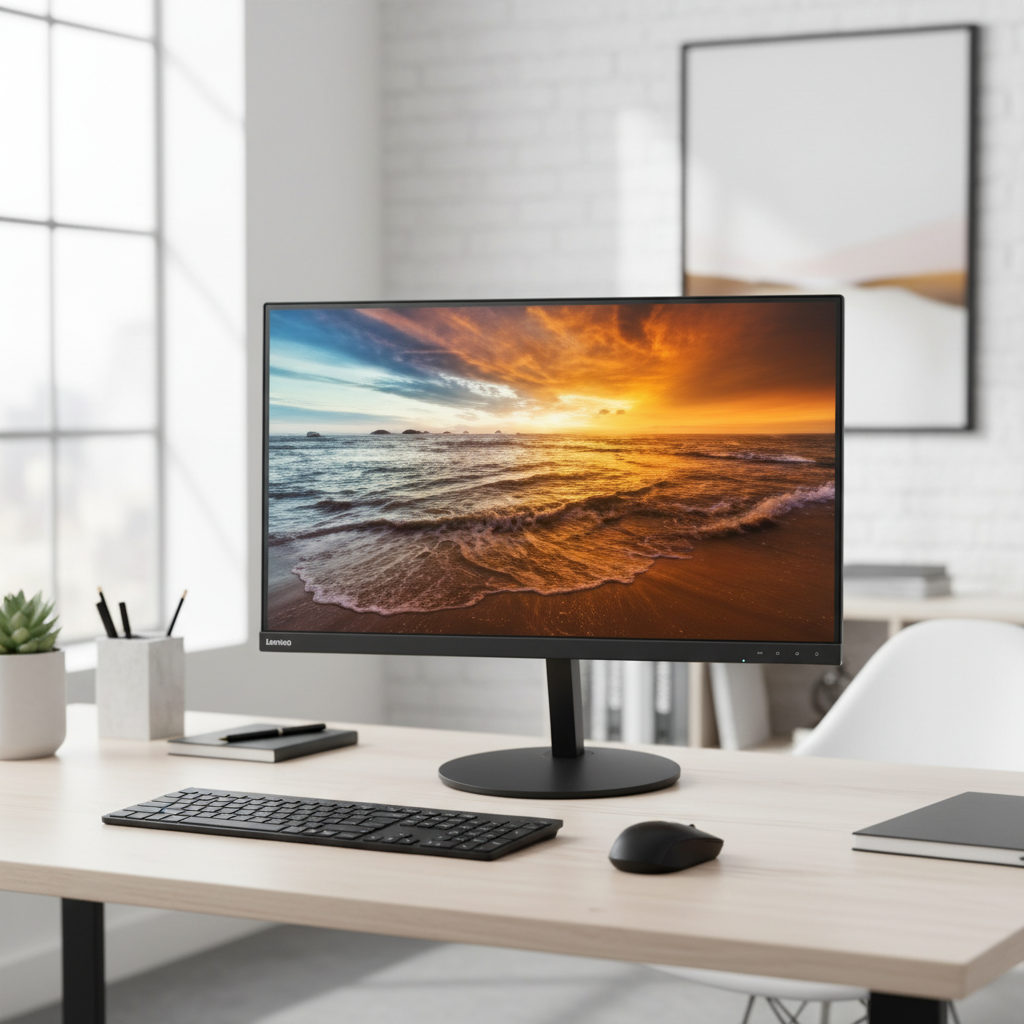 A bright, minimal office features a Lenovo ThinkVision P27u-10 27