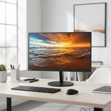 A bright, minimal office features a Lenovo ThinkVision P27u-10 27" 4K UHD IPS Monitor displaying a vivid beach sunset, paired with a keyboard, mouse, and small plant on a modern desk by large windows.