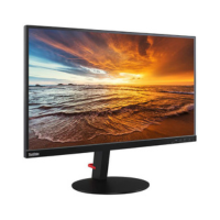 The Lenovo ThinkVision P27u-10 27" 4K UHD IPS Monitor displays a vivid beach sunset with waves, clouds, and an orange sky. It features USB-C connectivity, a slim black frame, and a round base.